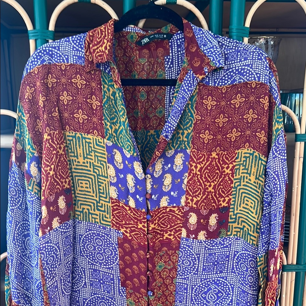 Zara Multicolor Patchwork Button Down Shirt - image 5